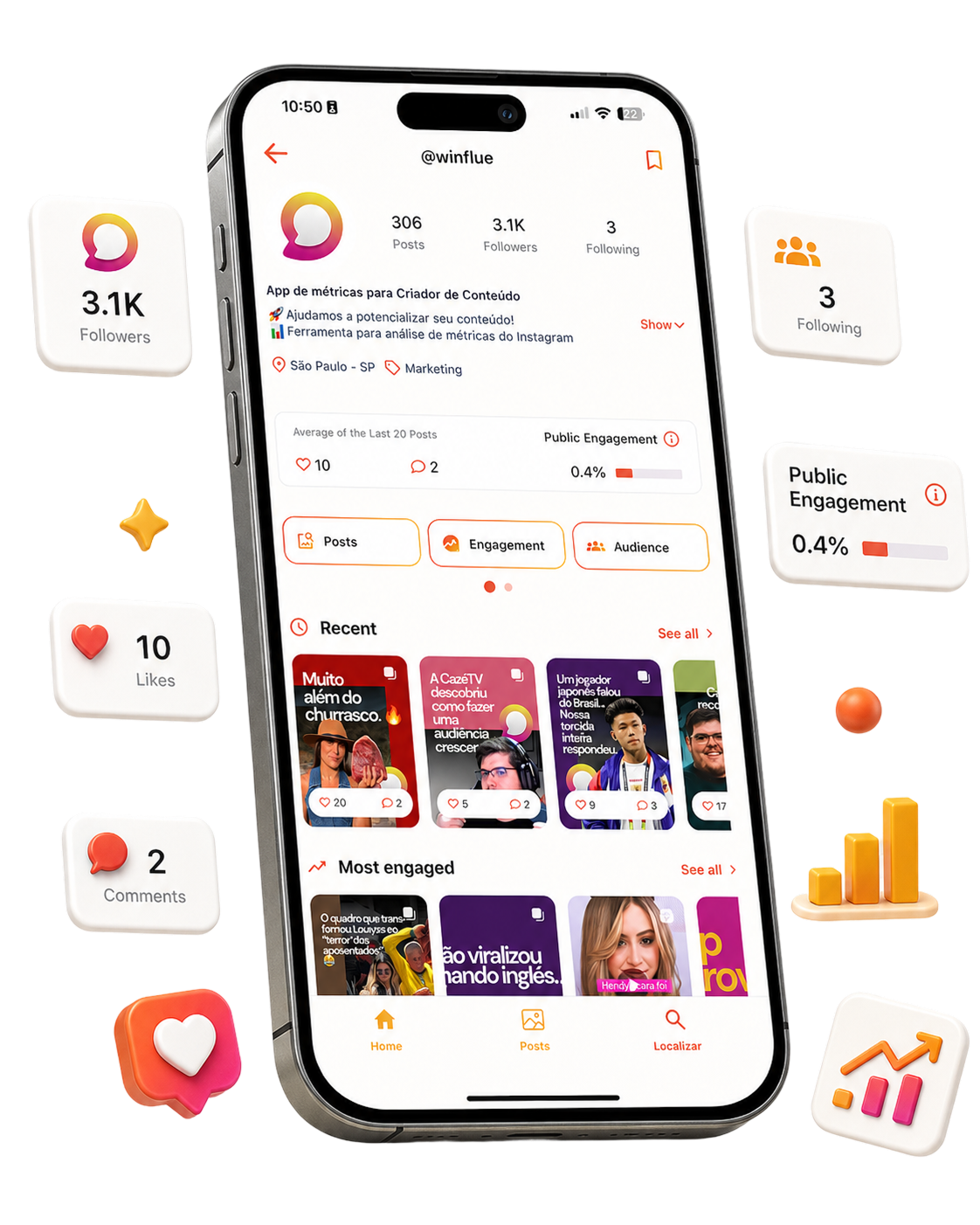 Mockup do app Wintrends exibindo análise de perfil